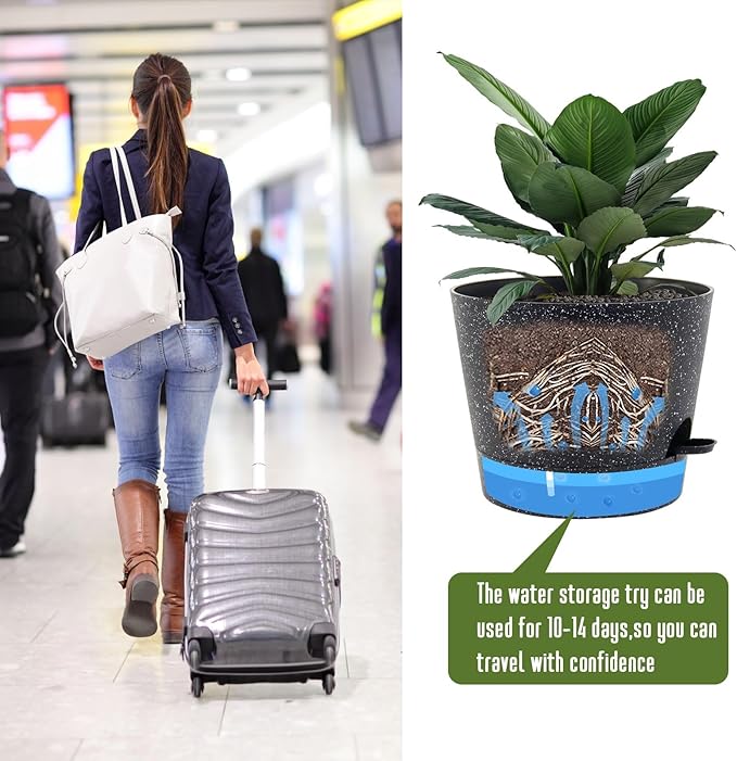 Self Watering Pots for Indoor Plants,12 inch Planters with Drainage Holes Plastic Flower Pots with Deep Reservoir, Black Speckles