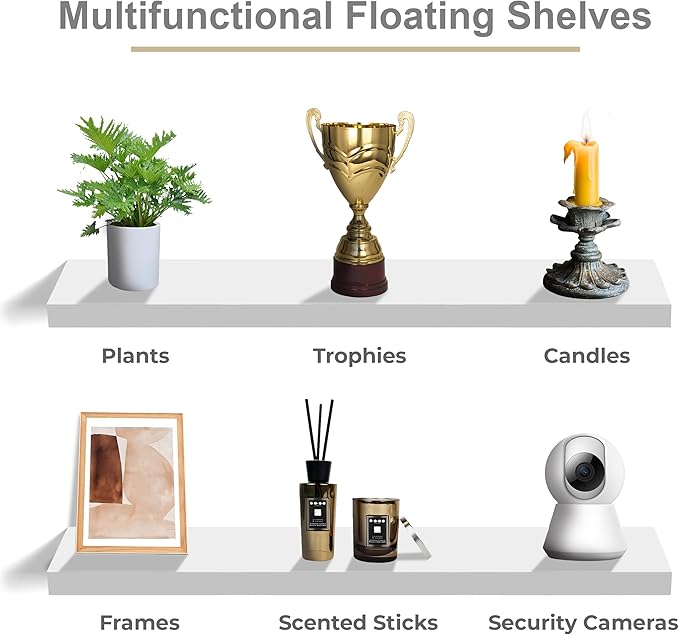 Sorbus Floating Shelves for Wall - 48 Inch Long Bathroom Shelves, Wall Decor for Bedroom, Kitchen, Living Room & Book Storage - Mounted Floating Shelf with Invisible Brackets (White, 2 Pack)