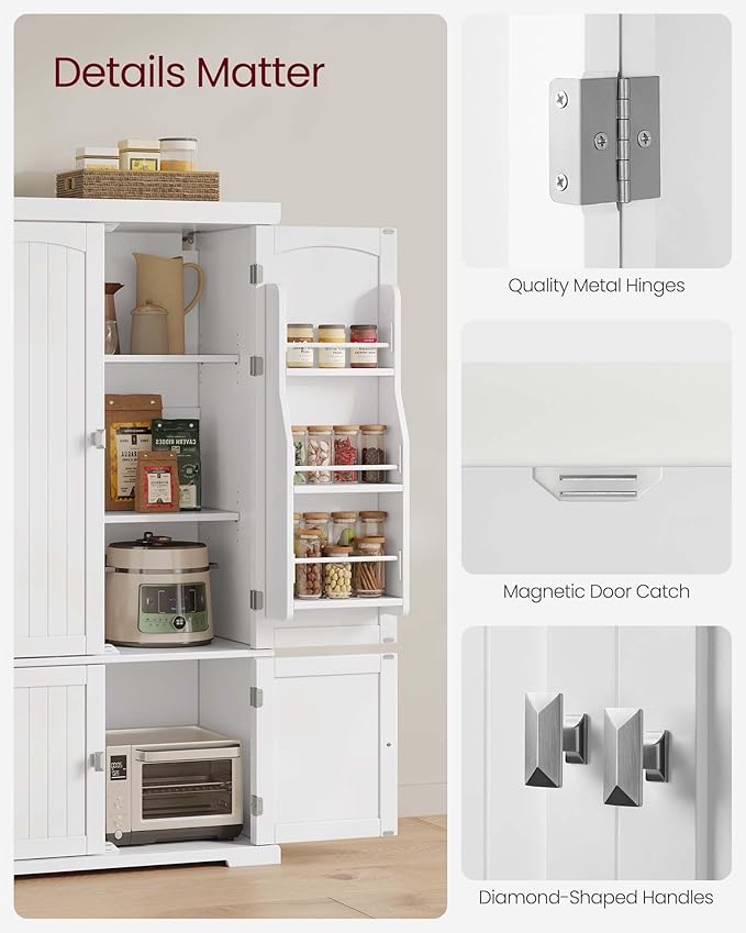 VASAGLE Pantry Cabinet, 53.5-Inch High Freestanding Tall Cupboard Storage Cabinet, 2 Cabinets, 2 Adjustable Shelves, 6 Door Shelves, for Living Room, Kitchen, White UBBC671W01