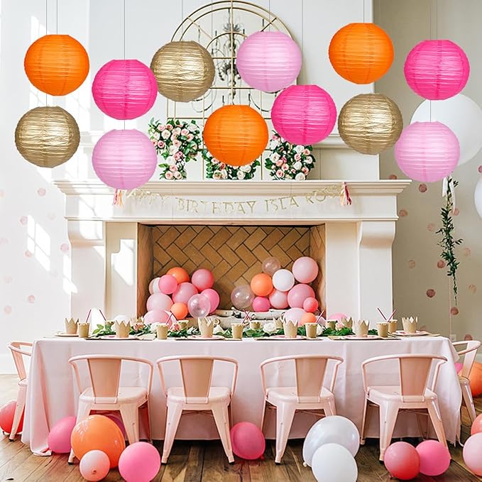 Paper Lanterns Pink Orange Gold Round Hanging Chinese Lanterns for Birthday Party Baby Shower Bridal Shower Decorations Pack of 12