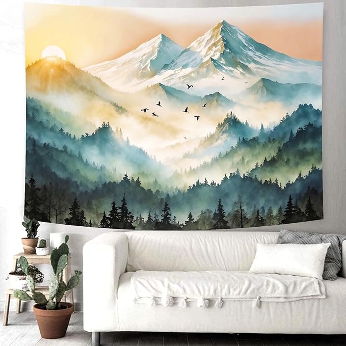 Delur Mountain Tapestry Boho Misty Sunset Forest Tree Tapestry Wall Hanging Sunrise Nature Landscape Psychedelic Headboard for Bedroom Living Room Home Decor (59.1" x 78.7")