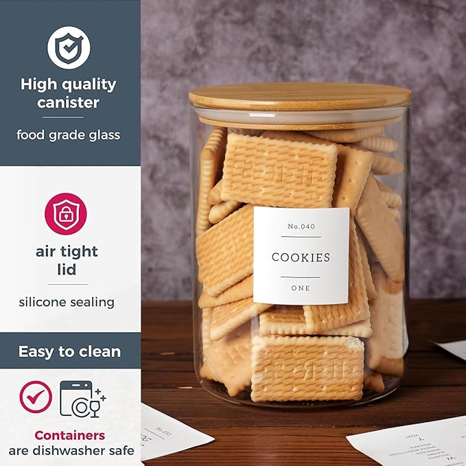Set of 6 Glass Flour and Sugar jars with 132 Kitchen Pantry Labels - Thicken Large Glass Storage containers with Airtight Bamboo Lid - Glass Rice Canisters for Salt Coffee(100OZ/54OZ/27OZ)