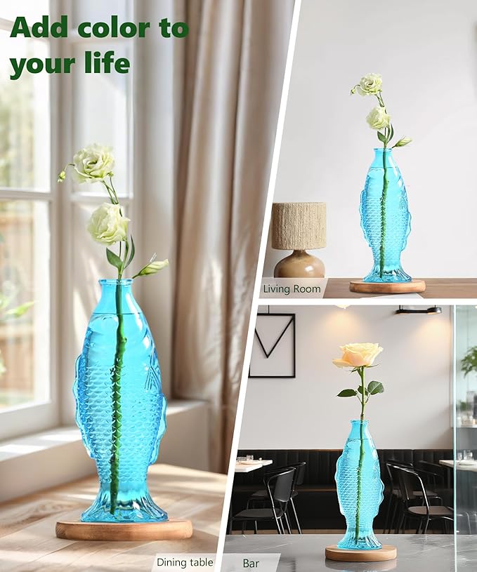 Nacome Fish Vase Glass Plant Terrarium with Wooden Stand,Planter Propagation Station for Home Office Hydroponics Desk Decoration,Unique Gardening Gifts for Plant Lovers Women Mom(Blue)