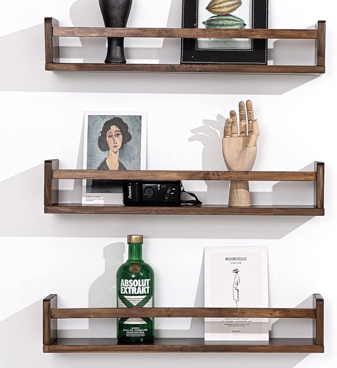 AZSKY Nursery Book Shelves 24 in Set of 3 Walnut Floating Bookshelf for Kids Room Wall Mounted Floating Shelves Solid Nursery Bookshelf Perfect Decor for Kitchen Bedroom Living Room