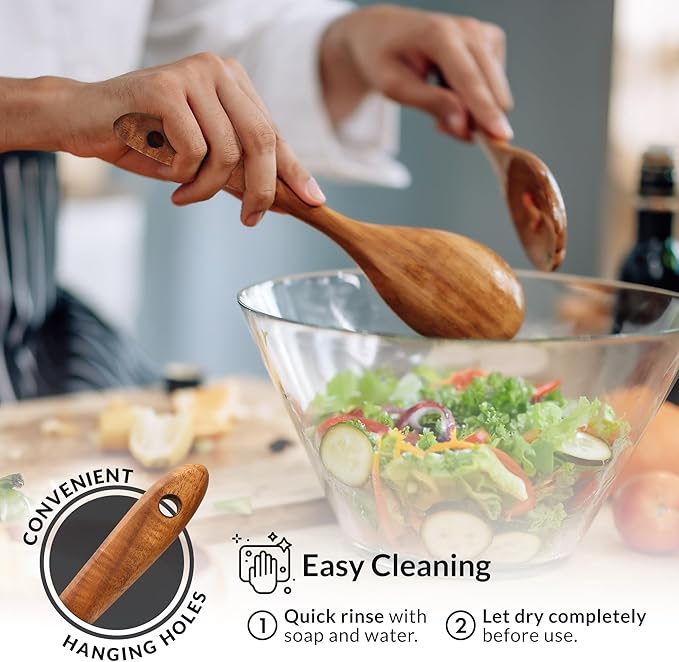 Zulay Kitchen Extra-Large 6-Piece Wooden Spoon Set - Smooth Teak Cooking Utensils - Comfort-Grip Non-Stick Turner, Spatula, Skimmer, Fork, Serving Spoon