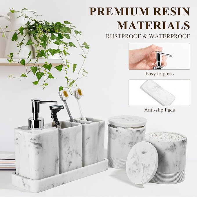 Bathroom Accessories Set, 6 Piece Bathroom Set with Toothbrush Holders, Soap Dispenser, Vanity Tray, Tumbler, Cotton Swab Jars, Bathroom Organizer,Bathroom Sink Sets, Artificial Marble White