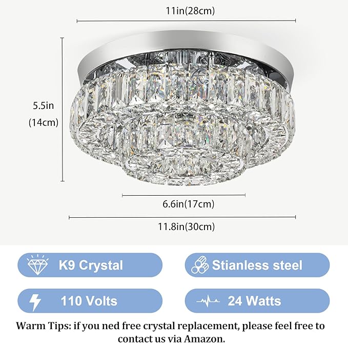 12 Inch Crystal Chandelier LED Ceiling Light 2 Tier Flush Mount Ceiling Light Fixtures Modern Chandelier Lighting for Hallway Bedroom Dining Room Kitchen (Cool White)