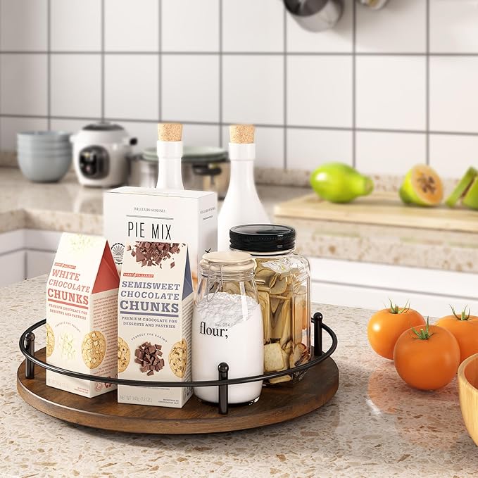 12" Lazy Susan Turntable Organizer,Round Wooden Lazy Susan Organization and Rotating Spice Rack for Dining Table,Pantry,Kitchen Countertop,Vanity,Cupboard and More.Vintage Wood(Round)