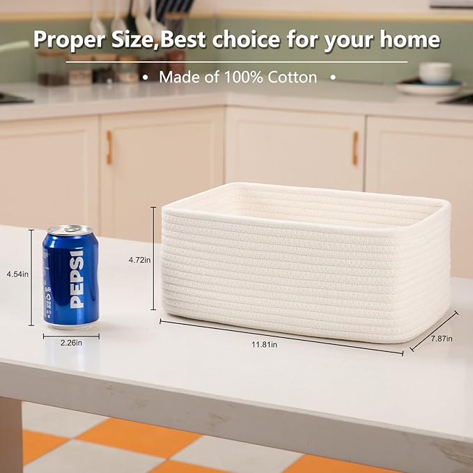 4 Pack Small Storage Shelf Baskets for Organizing, Mini Woven Rope Storage Bins for Towels, Cute Decorative Closet Organizer,Baby Nursery, Gift Empty Baskets -11.81''Lx7.87''Wx4.72''H-White