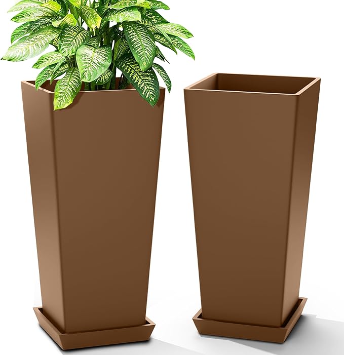 FENCY Set of 2 Tall Planters for Outdoor Plants, 24 Inch Large Tapered Pots with Drainage Trays, Weather-Resistant Plastic Plant Containers for Patio, Porch, Garden, Front Door Decor,Brown