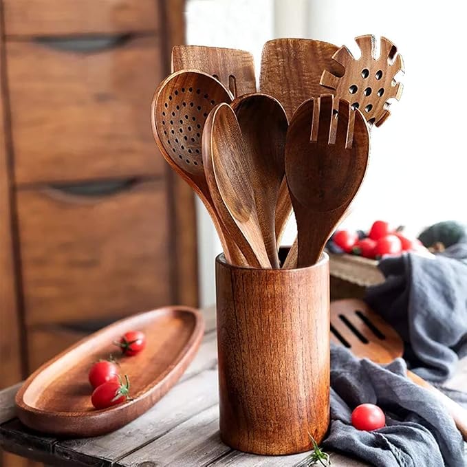 Wooden Spoons for Cooking,10 Pcs Natural Teak Wooden Cooking Utensils Wooden Kitchen Utensils Set Wooden Utensils for Cooking Wooden Spatulas for Cooking