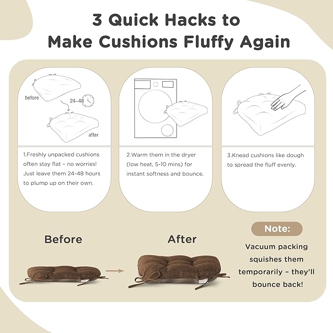 Non Slip Chair Cushions for Dining Chairs Set of 4 Kitchen Chair Cushions 18"x18"x3" Turfted Chair Pads Comfortable and Soft Seat Cushion with Ties, Rust