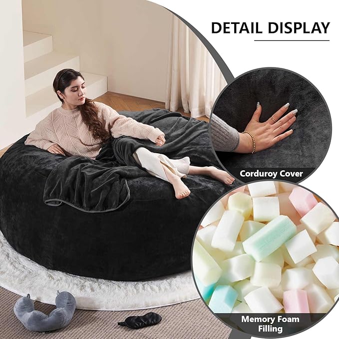6FT,Oversized Bean Bag Chairs for Adults,Giant beanbag with Filler Included,Fluffy Memory Foam,Soft and Comfy Corduroy Fabric,Gaming Chairs Suitable for Living Room and Bedroom (Black, 6 Foot)