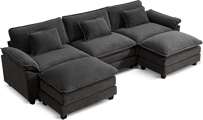 URRED Modular Sectional Sofa Comfy Cloud Couch, Modern Velvet Sofa Sleeper Deep Seat Couches with Ottoman/Pillows for Living Room (Dark Gray, 117'' - U Shape)