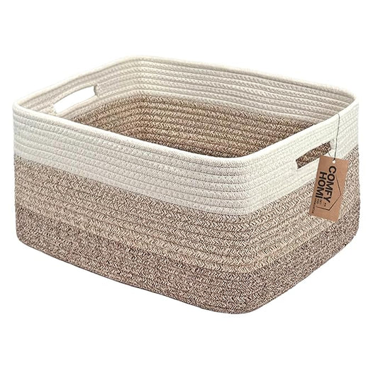 COMFY-HOMI Cotton Rope Woven Basket with Handles for Shelves,Toys,Book, Cloth Storage Baskets for Organizing-17" x 13" x 7.5" Toy Decorative Organizer for Living Room, Bathroom (white/3 brown)