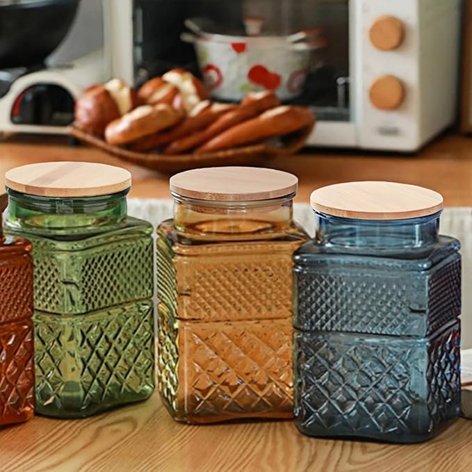 61oz Square Glass Canister, Candy Jar with Lid, Glass Food Storage Container for Ground Coffee, Tea, Sugar, Decorative Mason Jar Cookie Jars (Green)