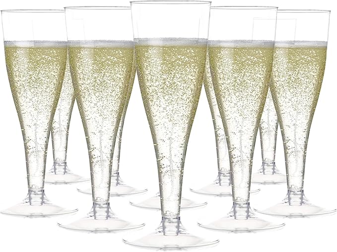 Prestee 100 Pack Clear Plastic Champagne Flutes - 4.5 oz Durable Disposable Champagne Glasses for Parties, Weddings, Toasting and Large Celebrations - Elegant Wine Glasses Stemware for Easy Cleanup
