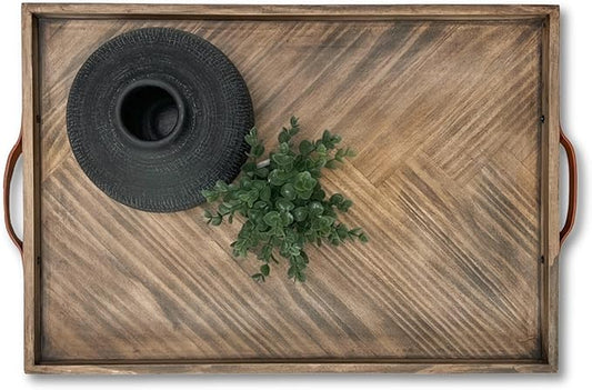 Medium Ottoman Wood Serving Tray- with Leather Handle Decorative Wooden 24 * 16 * 1.5 Inches Square Serving Tray Best for Coffee Table, Living Room and Kitchen