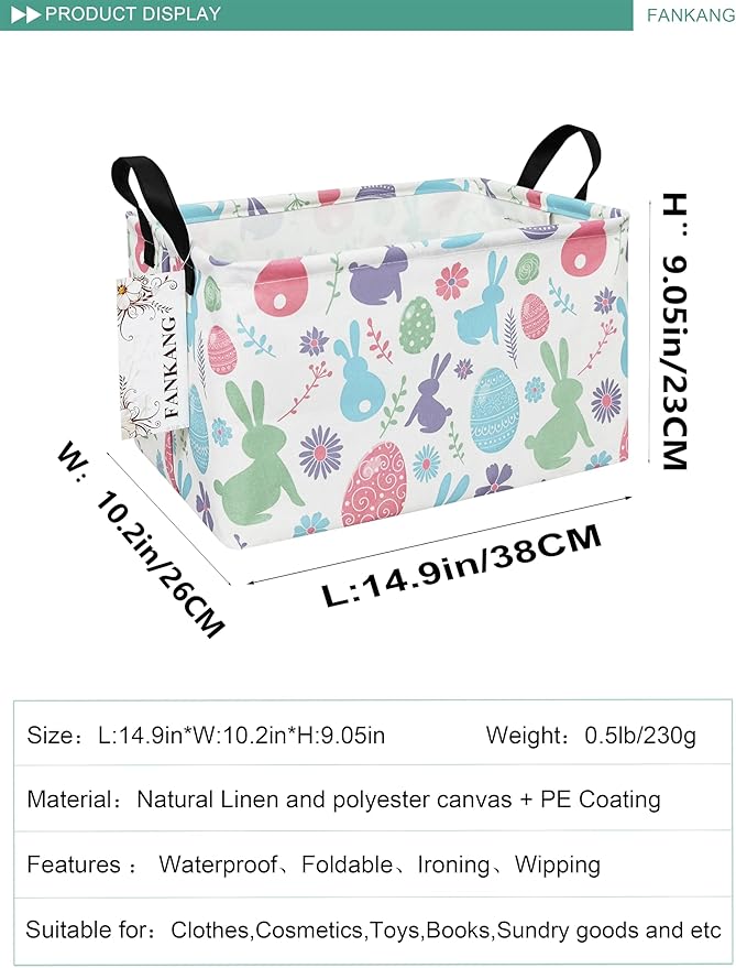 FANKANG Storage Bins, Nursery Hamper Canvas Laundry Basket Foldable with Waterproof PE Coating Large Storage Baskets for Kids Boys and Girls, Office, Bedroom, Clothes,Toys(Rec-Easter egg)