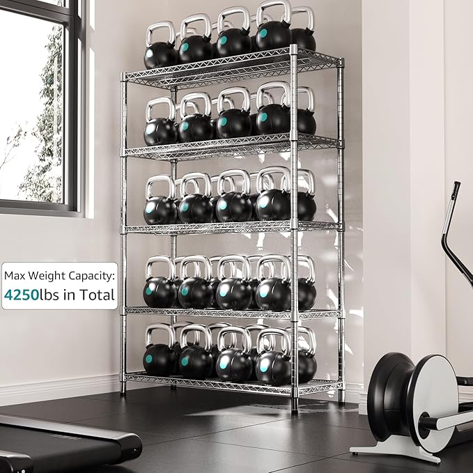 IZEUK 4250 LBS Garage Shelving Wide Storage Shelves 5 Tier Metal Shelves Heavy Duty Adjustable Utility Shelf Rack Chrome 17.7" D x 47.2" W x 70.4" H