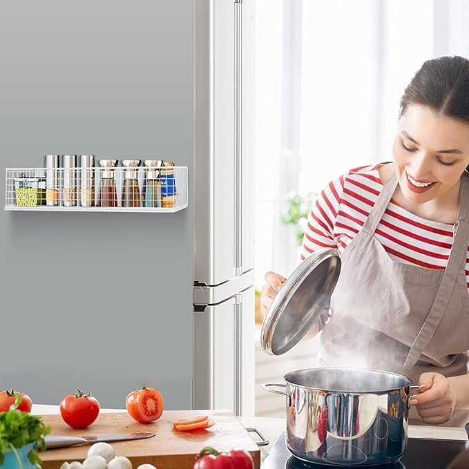 Magnetic Storage Basket, Magnetic Shelf for Fridge,Magnetic Spice Rack Wire Mesh Magnetic Organizer Holder Accessories for Office Kitchen Classroom Storage, White, 13.77" x 5.11" x3.26"