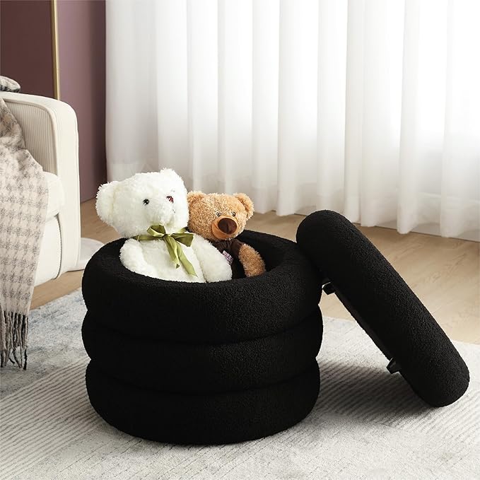 ONEVOG Sherpa Storage Ottoman, Foot Rest Stool Seat for Living Room, Black Vanity Foot Pouf, Tufted Footstool with Removable Lid for Dorm, Bedroom