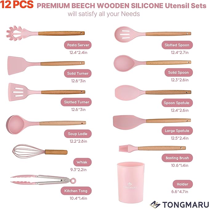 Silicone Cooking Utensils Set, Premium Beech Wood Handle Kitchen Gadgets Utensil Set, Non-Stick Kitchen Utensils Spatula, Tongs, Turner, Whisk, Brush, Spoon, BPA FREE, 446°F Resistant (Pink)