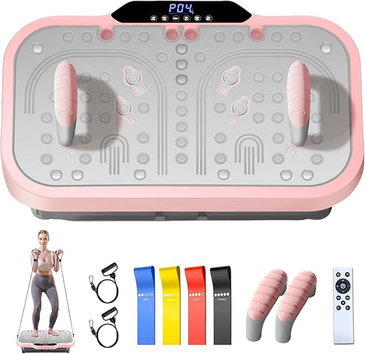 Vibration Plate Exercise Machine, Vibrating Fitness Platform Whole Body Shake Board Workout Equipment Fat Burner Vibrate Stand with Bluetooth Resistance Bands for Women Men Home Sport Gym-Pink