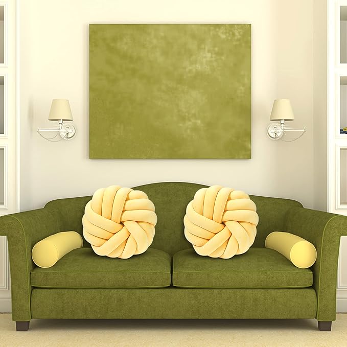 Fumete 2 Pcs 14 Inches Knot Pillow Round Throw Soft Plush Knot Ball Pillow Handmade Knotted Modern Home Decorative Cushion for Bed Bedroom, Sofa, Couch (Yellow)