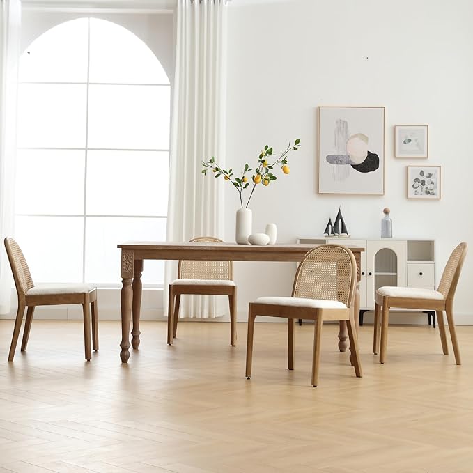 Mid Century Dining Chairs Set of 2, Accent Rattan Side Chairs Sherpa Fabric Kitchen Chair with Solid Wooden Legs for Living Room Dining Room, White