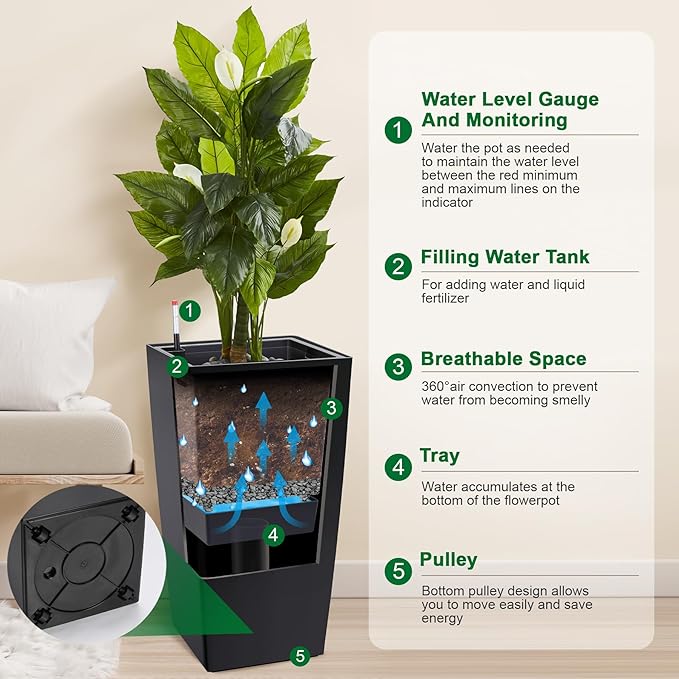 30" Tall Planters Set of 2, Outdoor&Indoor Black Planter Pots, High Front Porch Planter Pots with Drainage Holes&Water Level Monitor Movable Wheels &Inner Bucket, Automatic Watering,Black