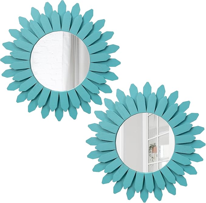 Honiway Beach Wall Decor Mirror 2 Pack 12 inch Wood Coastal Wall Decor Sunburst Boho Home Decor Room Decor for Bedroom Living Room Entryway Cyan