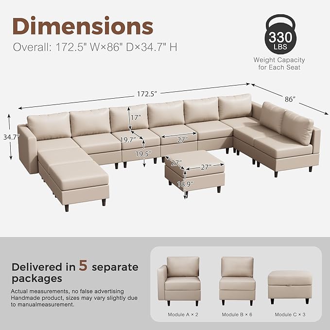 Oversized 172.5" Faux Leather Modular Sectional Sofa, Modern Large 11 Seater U Shaped Couch with Storage Seat with Reversible Chaise Deep Seat for Living Room DIY Combination - Whitesand