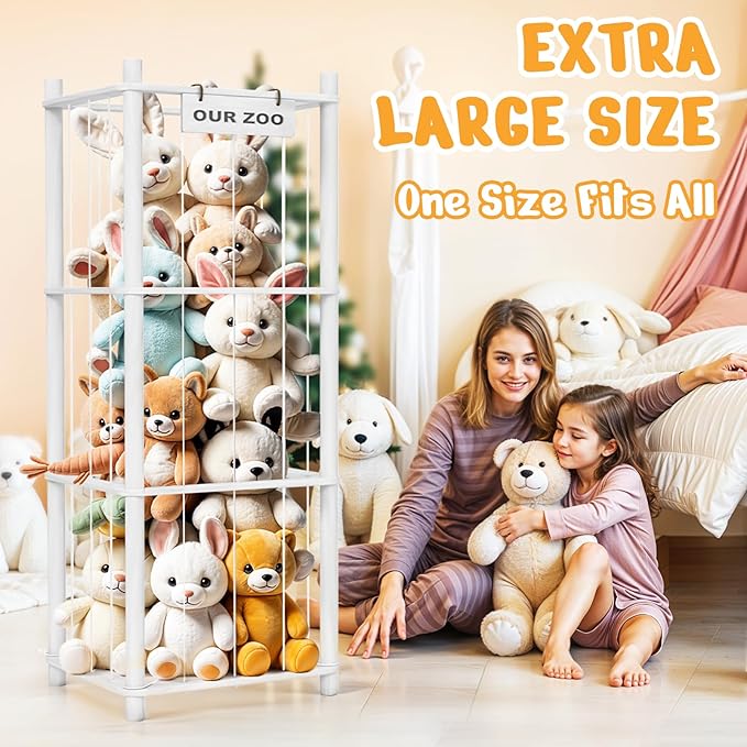 Stuffed Animal Storage & Organizer, Wooden Cute Zoo Toy Holder for Toddler Rooms, Playrooms & Bedrooms(White)