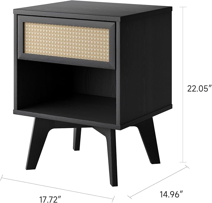 MUSEHOMEINC Nightstand, Boho Bedside Table with Rattan Drawer Open Shelf, Black Wooden Night Stand with Storage, Mid Century Modern End Table for Bedroom, Living Room,Dorm and Small Spaces