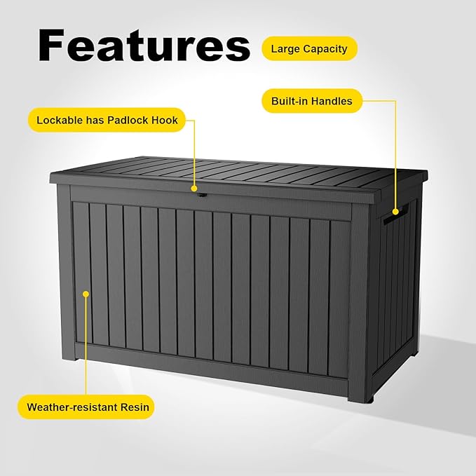 230 Gallon Outdoor Deck Box,Storage Lockable Waterproof Patio Furniture,Garden Tools,Cushions,Pool Accessories Outside Storage Resin Box(Black)