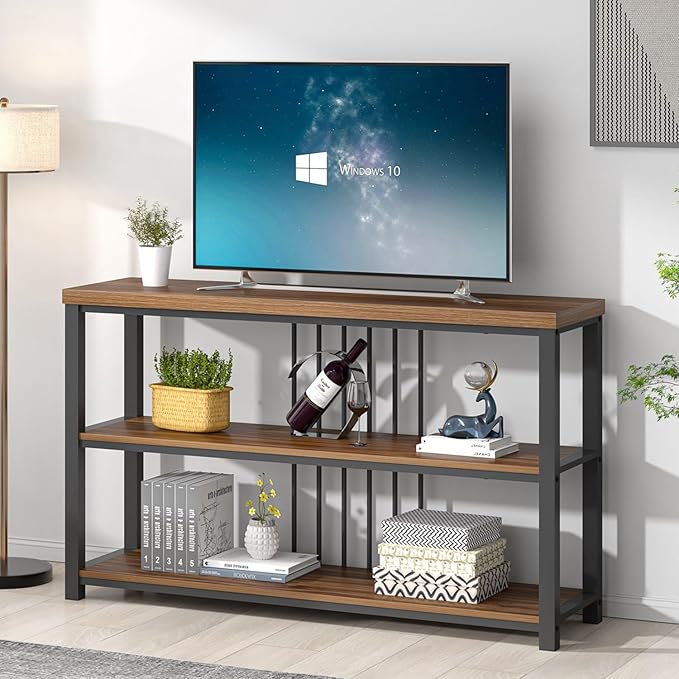 FOLUBAN Console Table for Entryway, Narrow Sofa Table with 3 Tier Storage Shelf for Living Room Hallway Behind Couch, Rustic Walnut