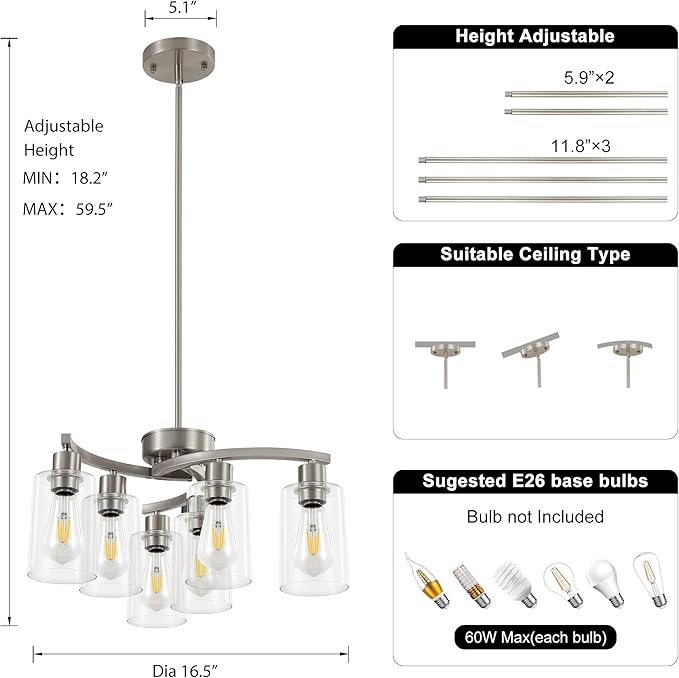 6 Light Modern Brushed Nickel Pendant Light Fixture For Dining Room,Contemporary Kitchen Light Fixtures Brushed Nickel,Adjustable Height Farmhouse Dining Chandeliers Over Table,With Glass Shade