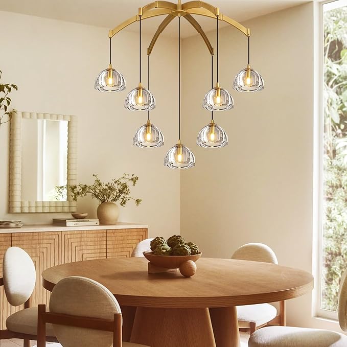Modern Gold Chandelier, 34 inch Crystal Chandeliers for Dining Room (7-Light), Elegant Decoration Light for Living Room, Foyer Brass Chandeliers