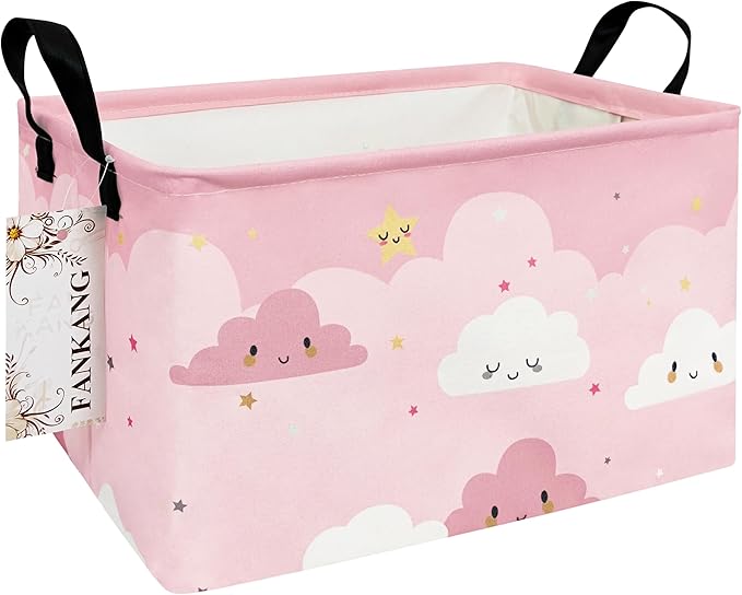 FANKANG Storage Bins, Nursery Hamper Canvas Laundry Basket Foldable with Waterproof PE Coating Large Storage Baskets for Kids Boys and Girls, Office, Bedroom, Clothes,Toys(Rec-pink cloud )