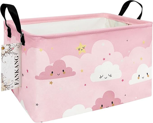 FANKANG Storage Bins, Nursery Hamper Canvas Laundry Basket Foldable with Waterproof PE Coating Large Storage Baskets for Kids Boys and Girls, Office, Bedroom, Clothes,Toys(Rec-pink cloud )