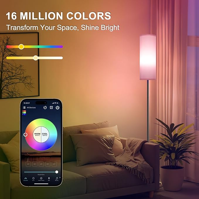 FRIDEKO HOME Pink Shade Floor Lamp with RGB Music Sync, 16 Million Colors & Stepless Dimming 2700K-6500K, 3CCT, 800LM LED Bulb with App & Remote, Modern Standing Light for Living Room, Bedroom, Office