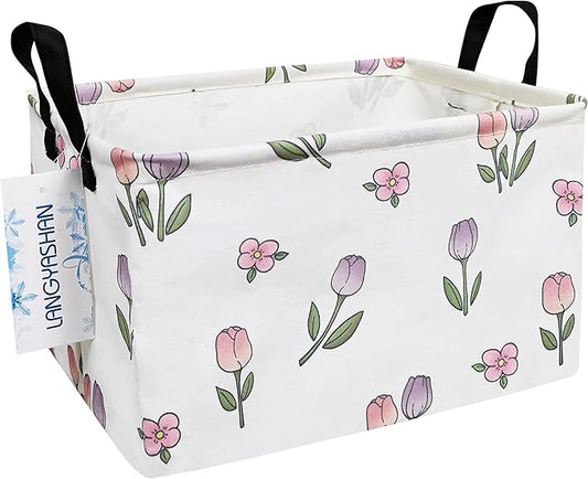 LANGYASHAN Rectangular Storage Bin Collapse Canvas Fabric Cartoon Storage Basket with Handles for Organizing Home Kitchen Boys and Girls Toys Office Closet Shelf Baskets (Rec Romantic Tulip)
