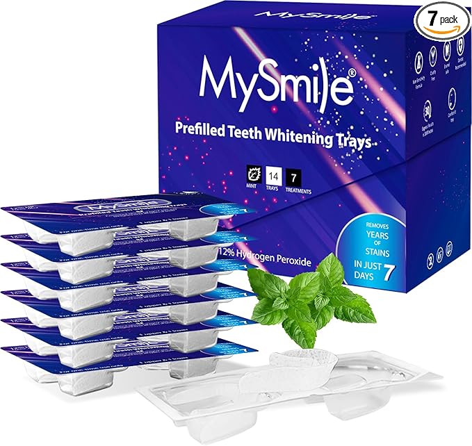 MySmile 7 Treatments Prefilled Teeth Whitening Trays Kit with 12% Hydrogen Peroxide Whiter Gel for Sensitive Tooth, Fast-Result Vegan Teeth Whitener Tooth Stain Remover, Mint Flavor