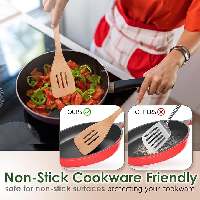 Wooden Spoons for Cooking, 8 Pcs Beech Wood Wooden Kitchen Cooking Spoon Utensil Tools Set Includes Spatula Skimmer Pasta Scoop Non-Stick Cookware Safe by HOWHONG