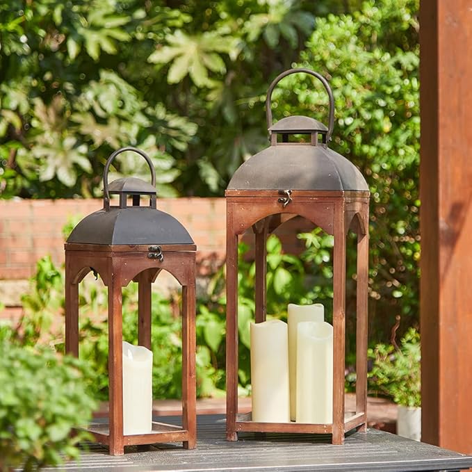 Glitzhome Set of 2 Mondern Farmhouse Wooden Lantern Hanging Decorative Candle Lanterns for Outdoor & Indoor Brown (No Glass)