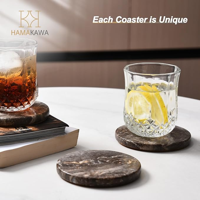 Marble Coasters Set of 4, Natural Gray Stone 4 Inch/10 cm, Modern Round Travertine Drink Coasters for Home Decor, Coffee Table, Office
