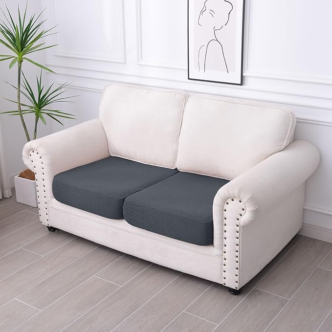 hyha Waterproof Couch Cushion Covers, Washable Sofa Cushion Slipcovers, Thick Stretch Jacquard Fabric, Couch Sofa Covers for Pets with Elastic Bottom (2 Pieces, Grey)