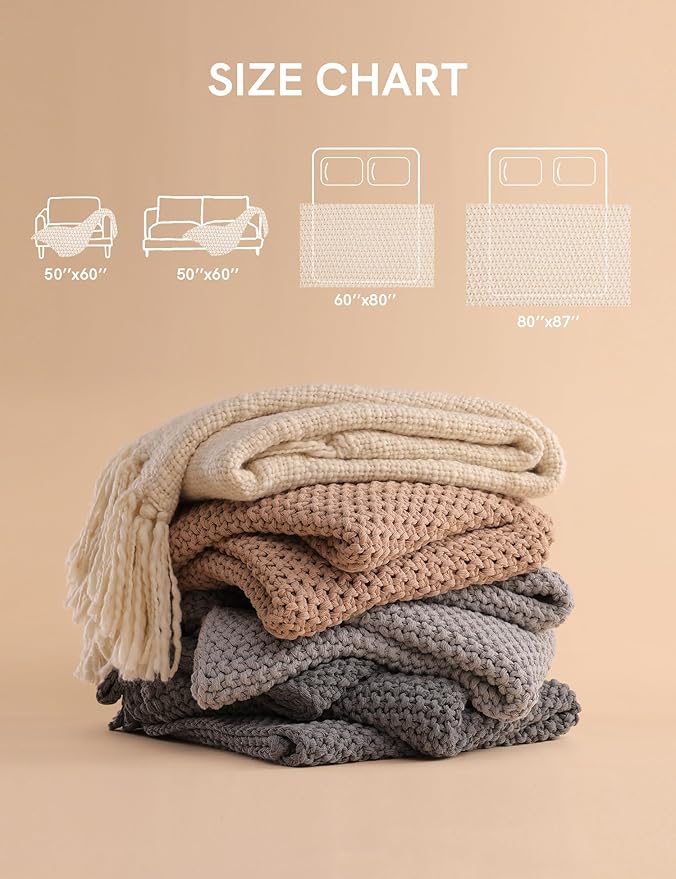 YnM Chunky Cotton Knit Throw Blanket, Cable Knit Throws for Bed Couch Sofa, Comfy & Relaxing, Decorative Piece for Farmhouse Modern Boho Rustic Scandinavian Chic Vibe, Moon Grey 50x60 Inches