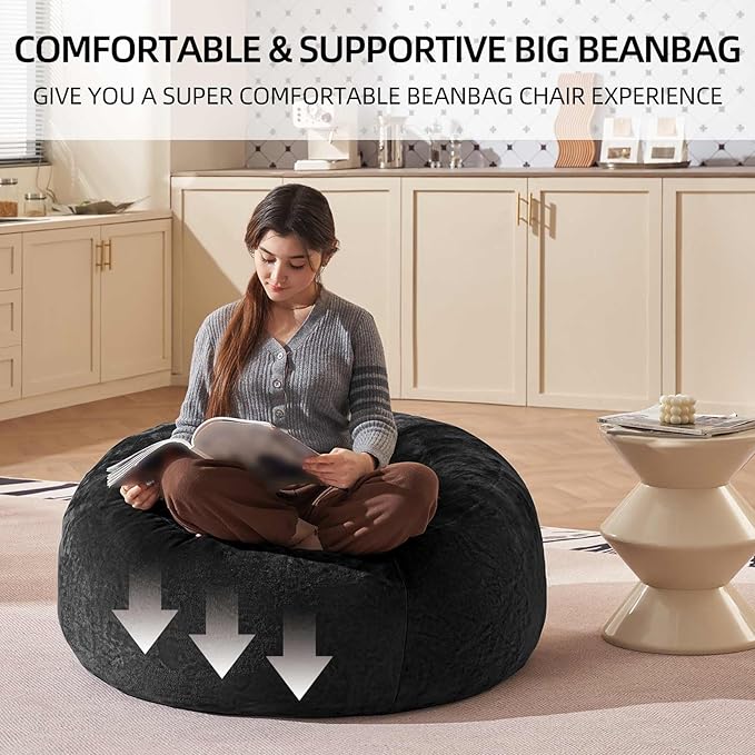 Bean Bag Chair 3Ft, Memory Foam Filled, Large Beanbag Chairs for Adults and Teens, Soft Sofa with Removable Flannel Cover, Round Couch for Living Room Bedroom College Dorm (Black, 3FT-36×36"×24")